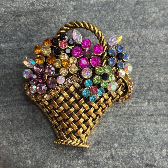 Flower Basket Brooch Pin Colorful Rhinestones Gold NEW Cottagecore Spring Summer - Picture 1 of 7